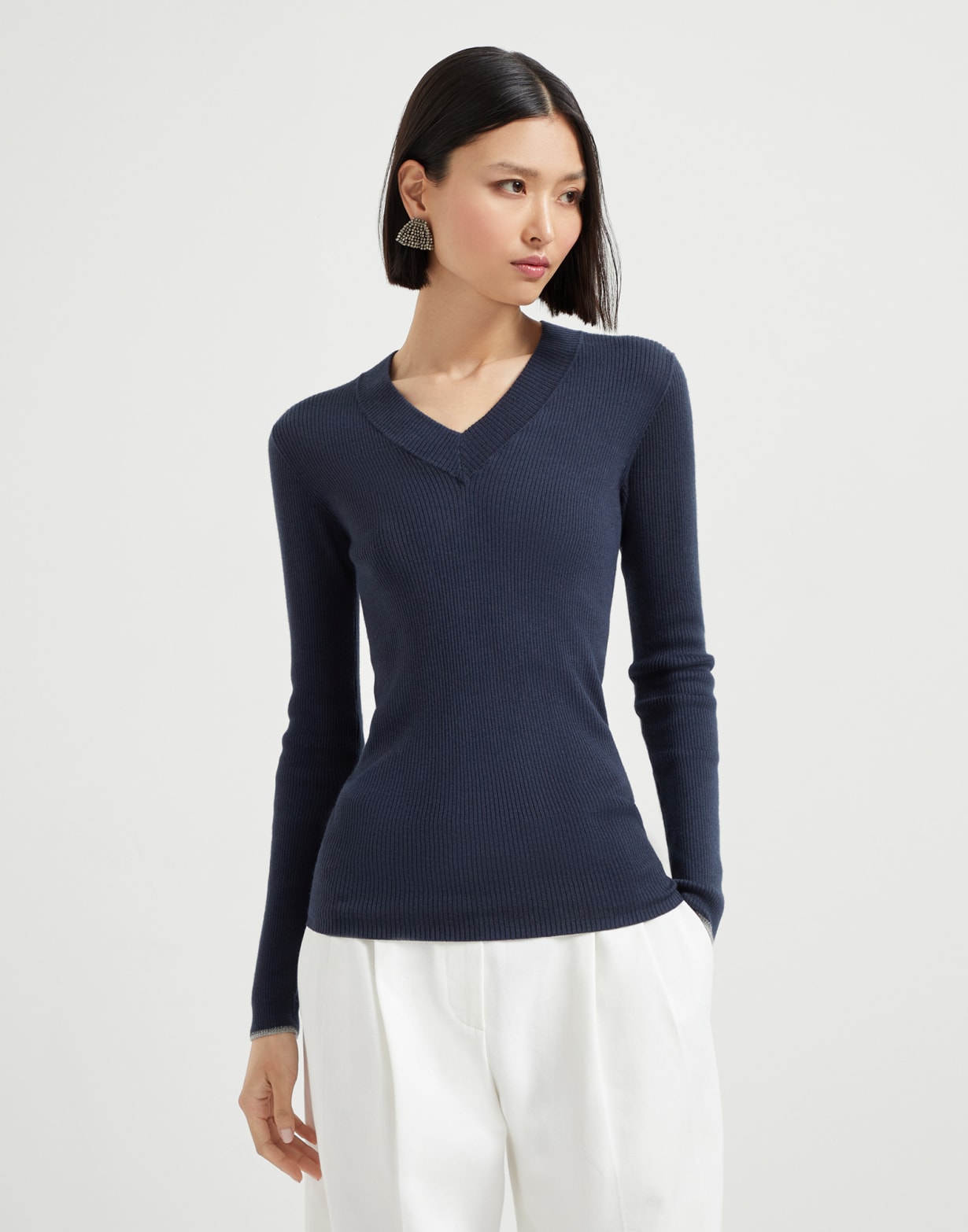 Leichter Pullover mit Sparkling Cuffs Navy-Blau Damen - Brunello Cucinelli