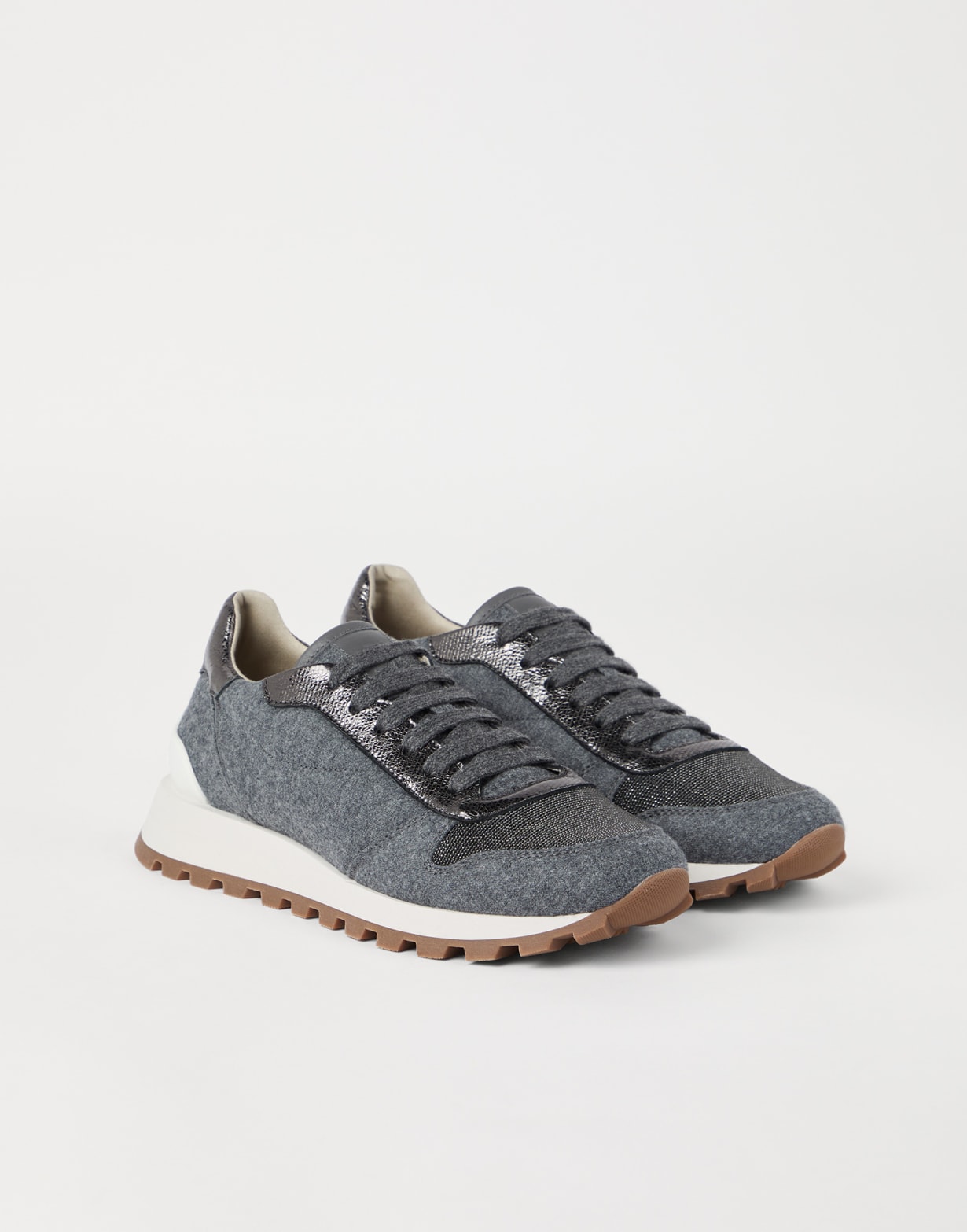 镶珠装饰法兰绒运动鞋 炮铜灰色 女款 - Brunello Cucinelli