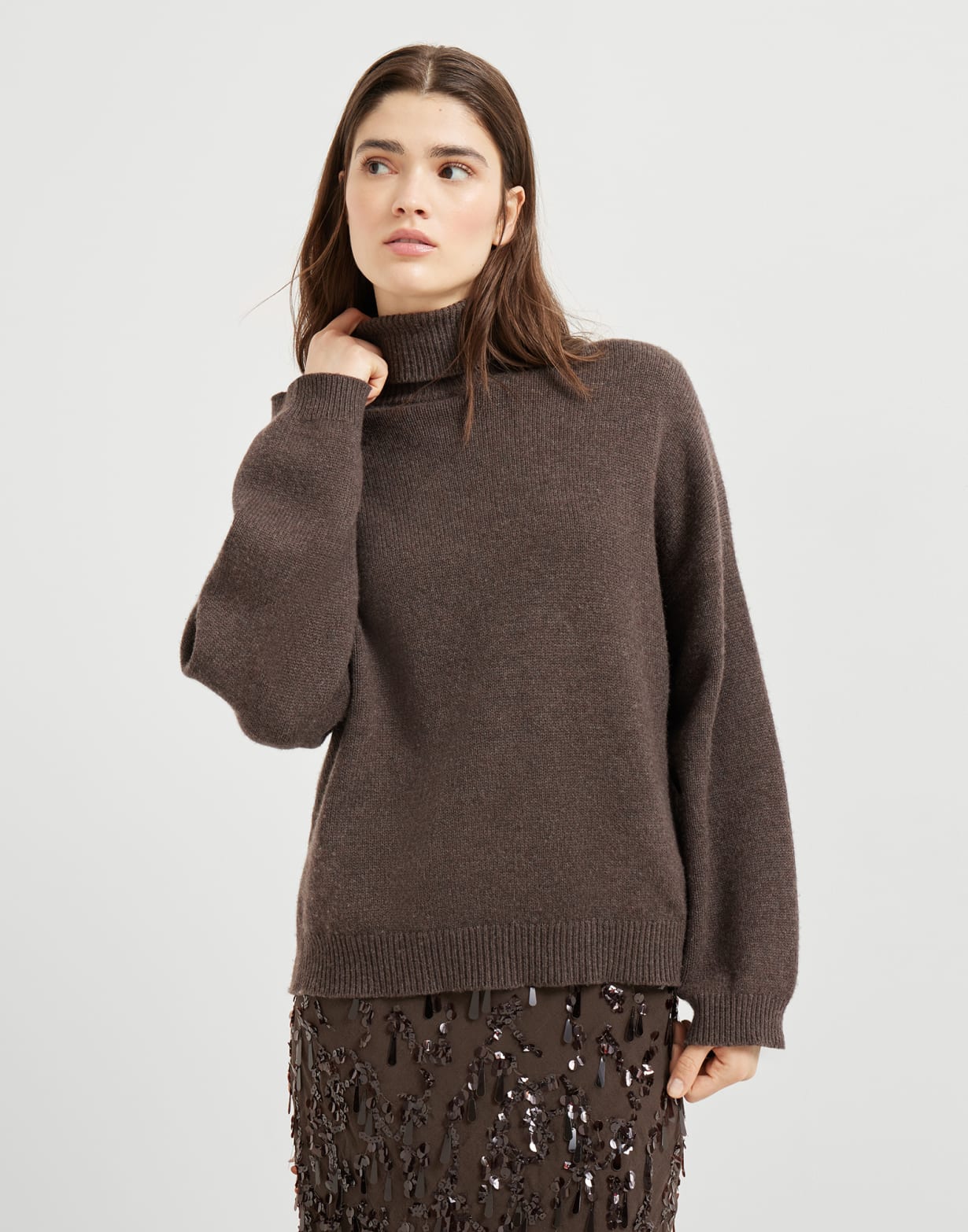 Turtleneck sweater with monili Rust Brown Woman - Brunello Cucinelli