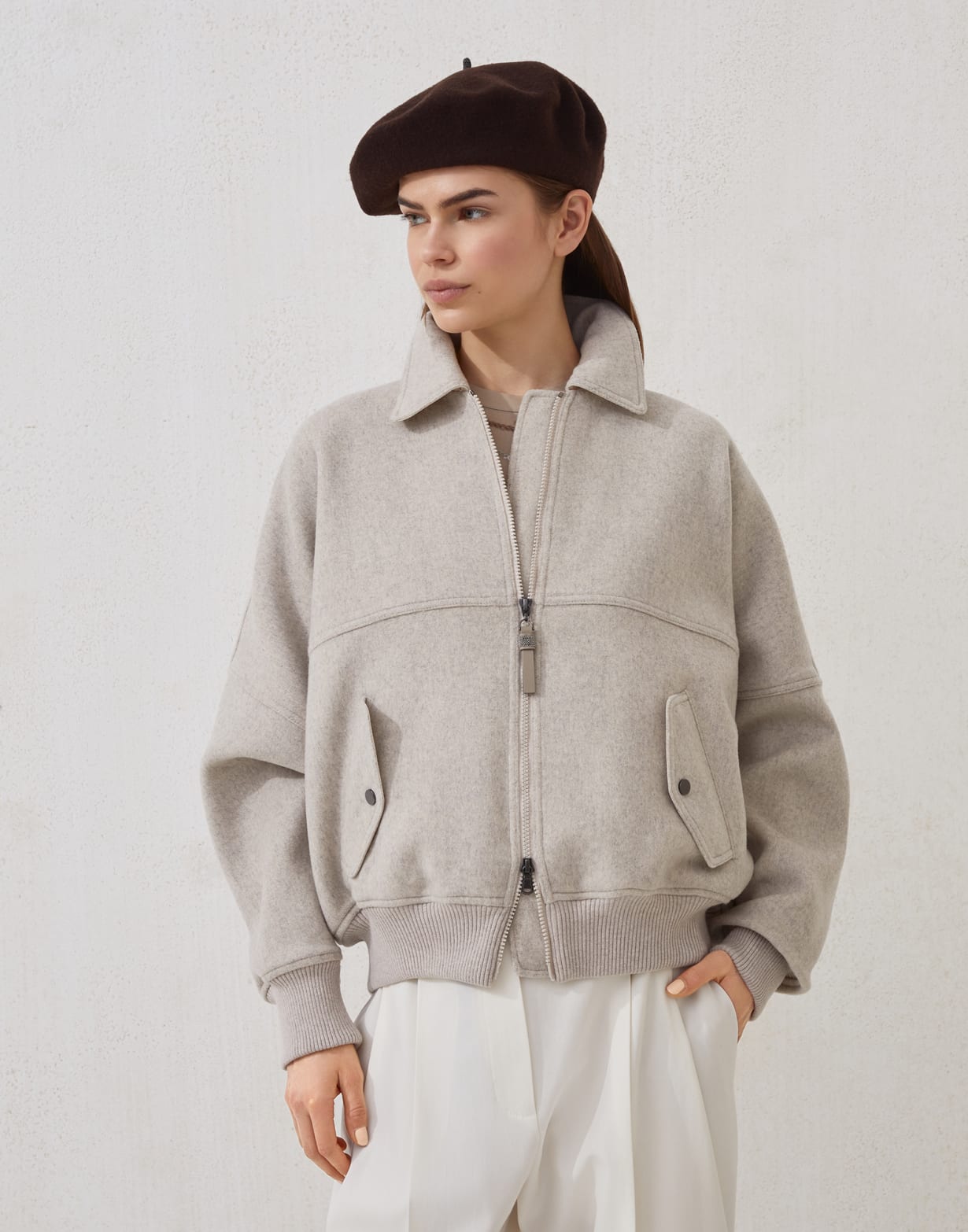 Double fabric bomber jacket Cool Beige Woman - Brunello Cucinelli