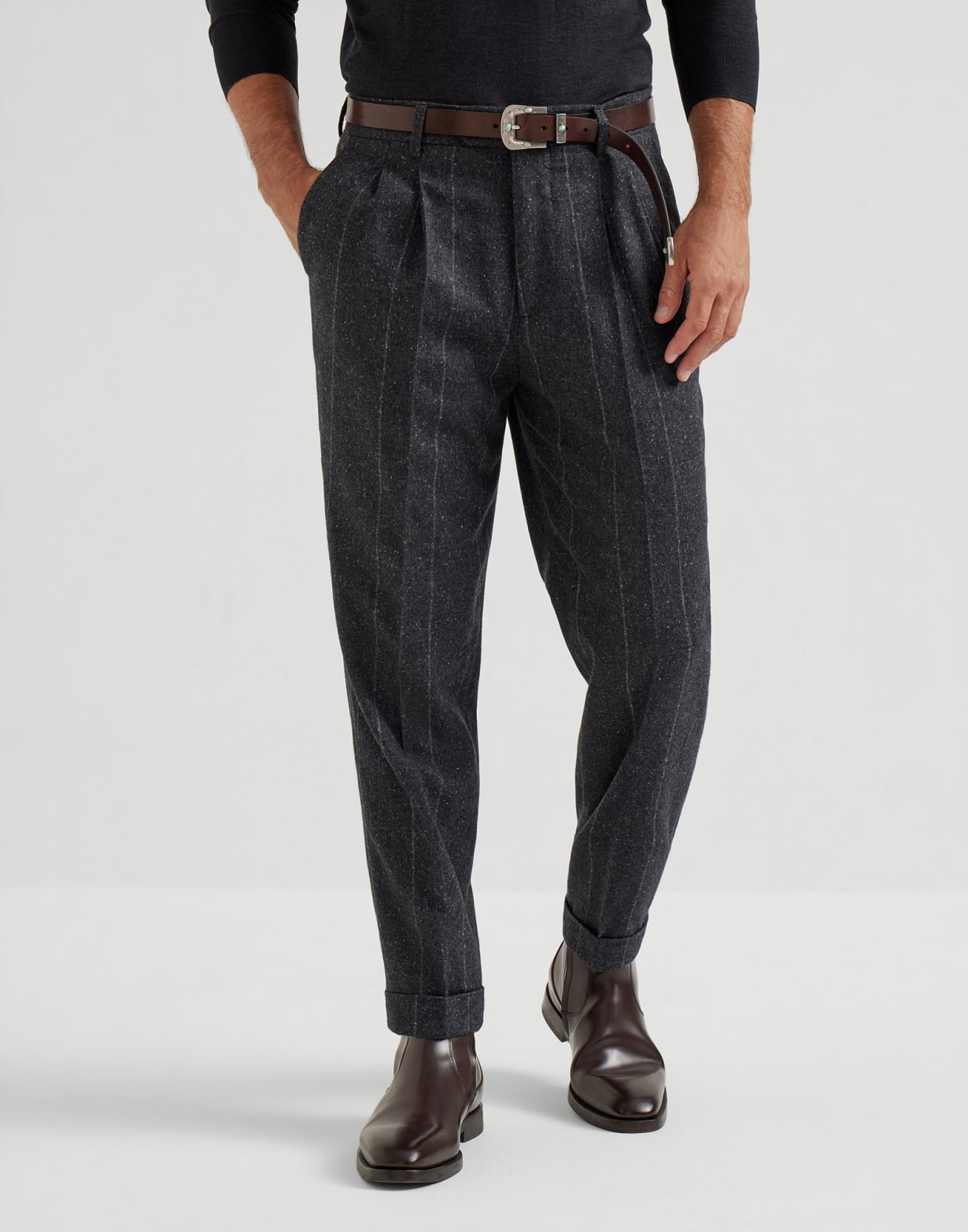 Leisure fit trousers with double pleats Anthracite Man - Brunello Cucinelli
