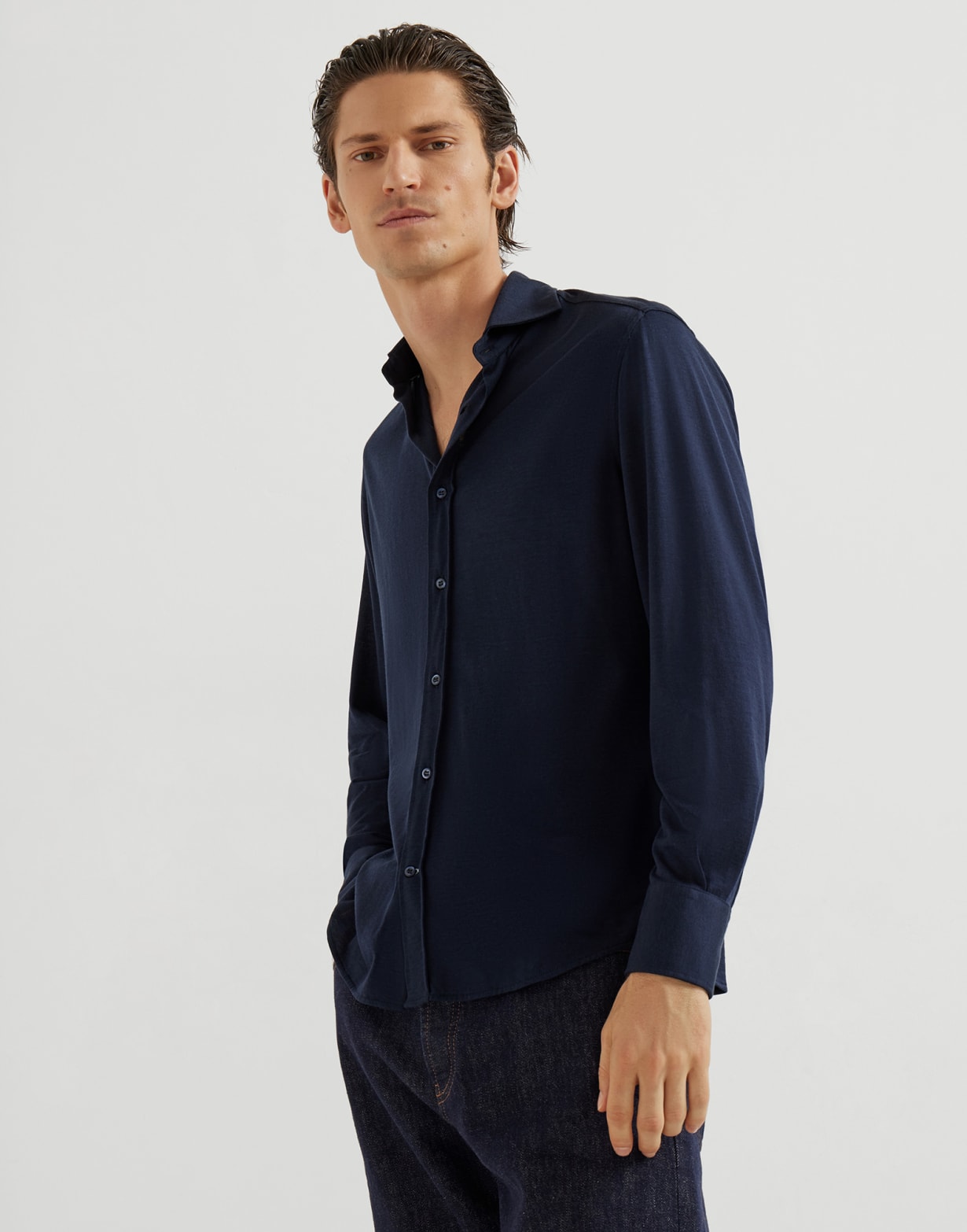 Lightweight jersey shirt Avio Blue Man - Brunello Cucinelli