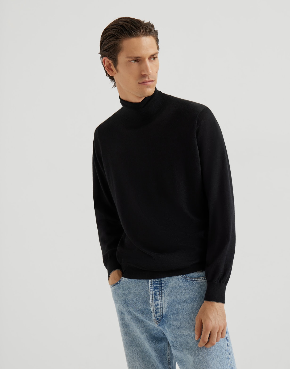 丝绒薄款针织衫 黑色 男款 - Brunello Cucinelli