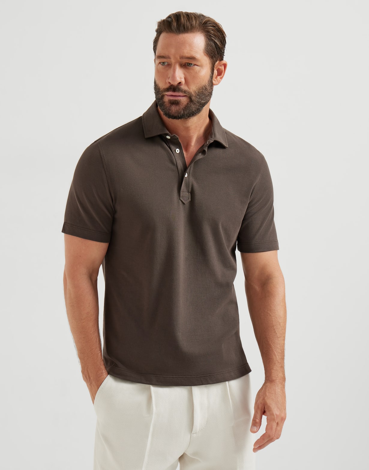 双珠地面料马球衫 棕色 男款 - Brunello Cucinelli