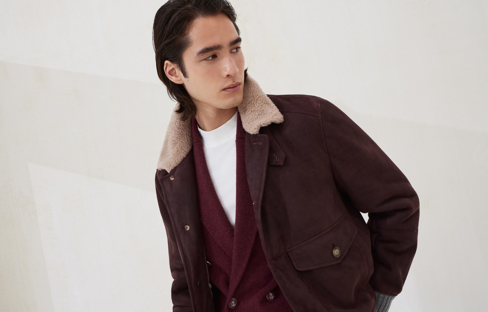 Chaqueta Aviador de piel de cordero nobuk Violeta Hombre - Brunello Cucinelli