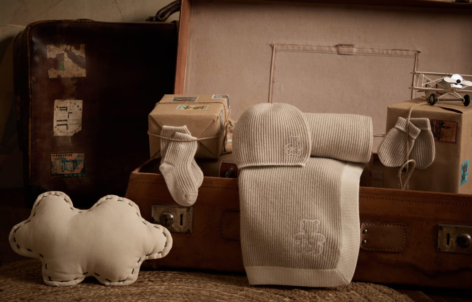 伯尼小熊幼童罗纹针织盖毯 米黄 幼童 - Brunello Cucinelli