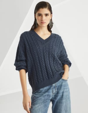 Jersey Dazzling Cable Azul Mujer - Brunello Cucinelli