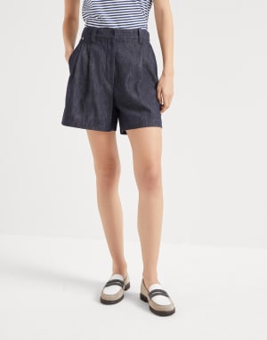 Short Baggy orné de Monile Denim Foncé Femme - Brunello Cucinelli