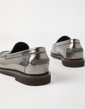 Penny loafer en cuir de veau lamé Argent Femme - Brunello Cucinelli