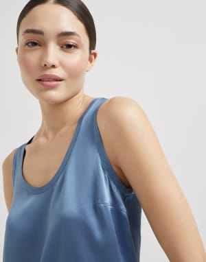 Top aus Satin Oxford-Blau Damen - Brunello Cucinelli