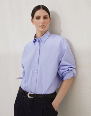 镶珠装饰棉质帆布衬衫 天蓝色 女款 - Brunello Cucinelli