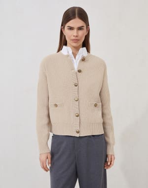Cárdigan de punto canalé inglés Beige Mujer - Brunello Cucinelli