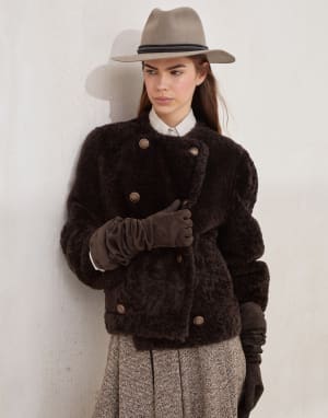 Fuzzy shearling cropped pea coat Rust Brown Woman - Brunello Cucinelli