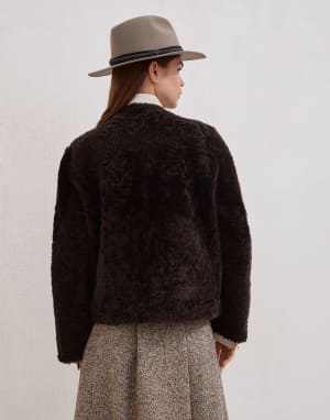 Fuzzy shearling cropped pea coat Rust Brown Woman - Brunello Cucinelli