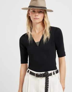 T-Shirt aus Rippenjersey Schwarz Damen - Brunello Cucinelli