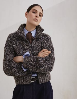 Dazzling chiné cardigan with zipper Blue Woman - Brunello Cucinelli
