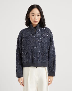 Dazzling croc embroidery cardigan Navy Blue Woman - Brunello Cucinelli