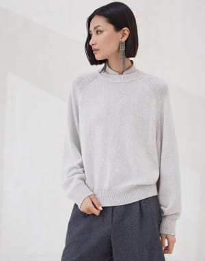 Cashmere and silk diamond yarn sweater Cool Beige Woman - Brunello Cucinelli