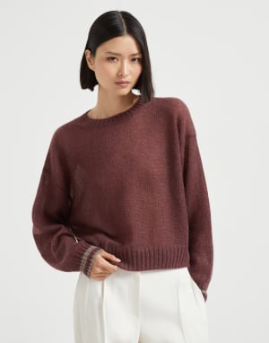 Sweater with Sparkling Cuffs Purple Woman - Brunello Cucinelli