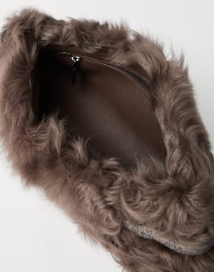 Wavy shearling Essence pouch bag Rust Brown Woman - Brunello Cucinelli