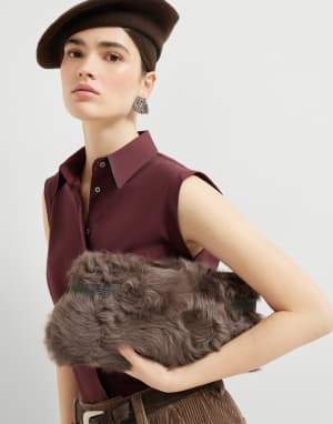 Wavy shearling Essence pouch bag Rust Brown Woman - Brunello Cucinelli