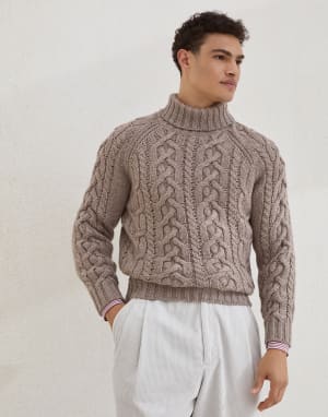 Cable knit turtleneck sweater Hazelnut Man - Brunello Cucinelli