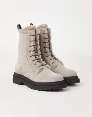 Suede boots with monili Light Grey Woman - Brunello Cucinelli