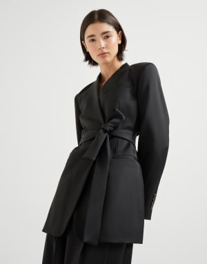 Satin belted blazer with monili Black Woman - Brunello Cucinelli
