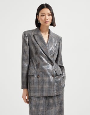 Prince of wales blazer with embroidery Anthracite Woman - Brunello Cucinelli