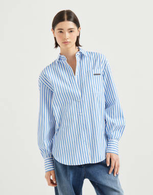 【美品】ブルネロクチネリ ストライプシャツ XS レディース シルク＆コットンシャツ | Brunello Cucinelli