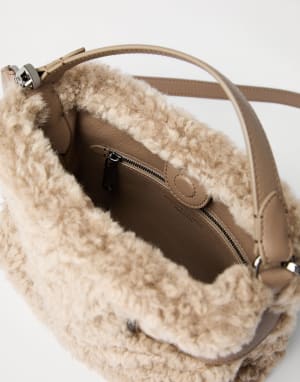 Small shearling Essence top-handle bag Beige Woman - Brunello Cucinelli