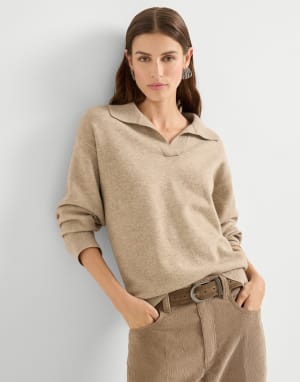 Cashmere double knit polo shirt Biscuit Woman - Brunello Cucinelli