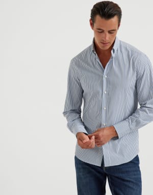 Hemd aus gestreifter Baumwolle Himmelblau Herren - Brunello Cucinelli