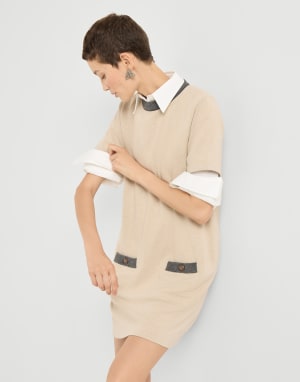Dress with shiny contrast trims Beige Woman - Brunello Cucinelli