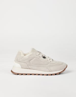 Sneakers aus Veloursleder mit Monili Hellgrau Damen - Brunello Cucinelli