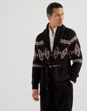 Geometric jacquard belted cardigan Black Man - Brunello Cucinelli