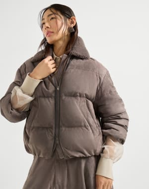 Daunenjacke aus Veloursleder Schlammbraun Damen - Brunello Cucinelli