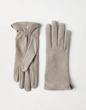Suede gloves with monili Beige Woman - Brunello Cucinelli
