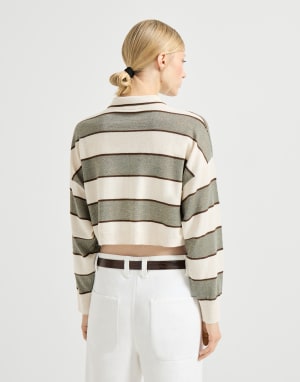 Cropped knit polo with sparkling stripes Sage Woman - Brunello Cucinelli