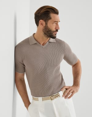 Polo en maille de coton en côtes anglaises Marron Clair Homme - Brunello Cucinelli