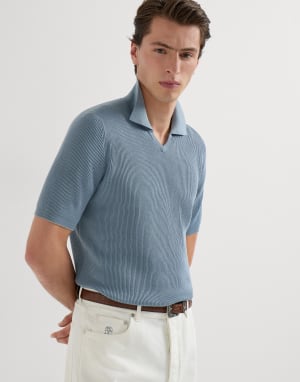 棉质英式罗纹针织马球衫 天蓝 男款 - Brunello Cucinelli