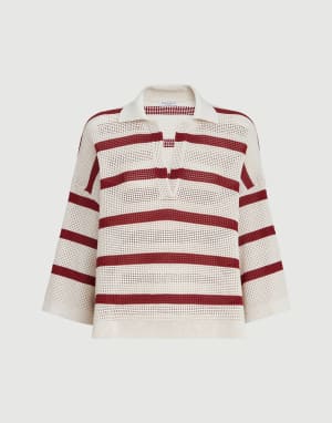 条纹棉针织马球衫 波尔多色 女款 - Brunello Cucinelli
