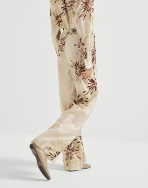 Bloom print pongee trousers Beige Silk Woman - Brunello Cucinelli