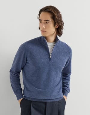 拉链半开襟羊绒针织衫 牛仔蓝 男款 - Brunello Cucinelli