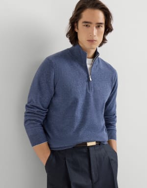 拉链半开襟羊绒针织衫 牛仔蓝 男款 - Brunello Cucinelli