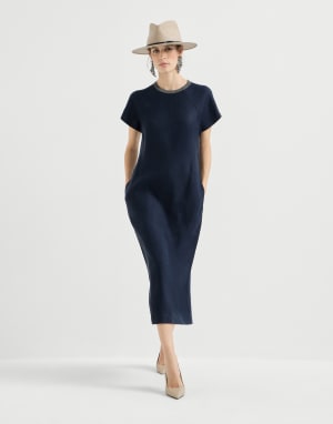 Twill dress with monili Blue Woman - Brunello Cucinelli
