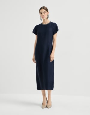 Twill dress with monili Blue Woman - Brunello Cucinelli