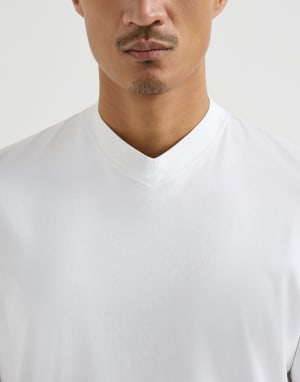 Tee-shirt à col en V en jersey de coton Blanc Homme - Brunello Cucinelli