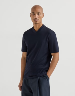 Cotton jersey V-neck T-shirt Navy Blue Man - Brunello Cucinelli