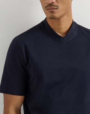 Cotton jersey V-neck T-shirt Navy Blue Man - Brunello Cucinelli